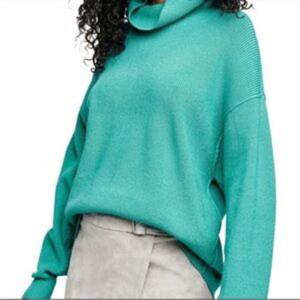 Free People Oasis Blue Ribbed Ottoman Slouchy Funnel Neck Tunic Sweater M Preppy